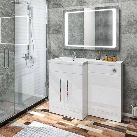 ELEGANT 1100 Bathroom Vanity Unit with Basin L Shape High Gloss White Vanity Sink Units Left Hand + Vitreous Resin Basin + Concealed Cisterm, Ensuit Furniture Under Sink Cabinet (1/5)