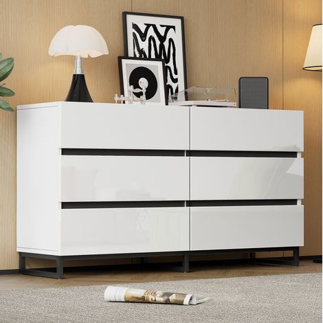 Credenza soggiorno 140x39.5x78.5 cm bianco e nero in truciolato e metallo con 6 cassetti e finitura lucida (1/5)