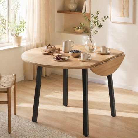 Table à manger ronde pliante pour 2–4 personnes, plateau MDF, 4 pieds, pour cuisine/salle à manger/salon, 100×100×75 cm, marron clair et noir (1/5)