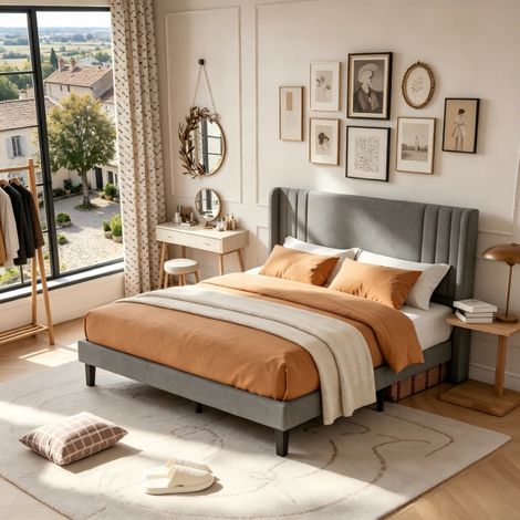 Lit 140x200 Double pour Adultes, lit deux personnes, lit capitonné, Lit rembourré 2 places en lin, gris, MDF, sans matelas, mobilier de chambre moderne (1/5)