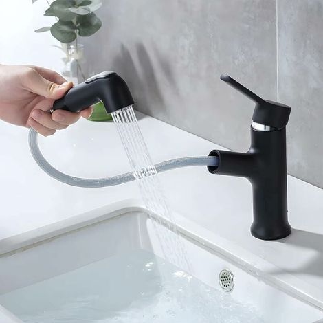 Robinet Lavabo Extractible - Robinet Simple Manette avec 2 Modes de Débit - Pour Évier Salle de Bain et Cuisine - Noir - 1 Pièce (1/5)