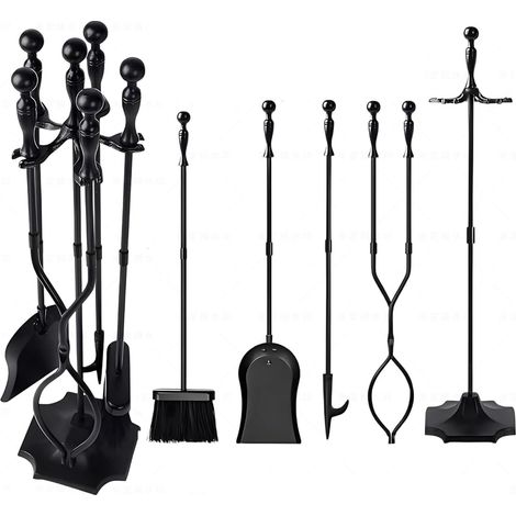 Lot de 5 Outils de cheminée avec poignée Noire en Fer forgé et Support pour cheminée d'extérieur 67,3 cm, Pince Rustique, Pelle, Brosse, tisonnier, kit d'accessoires en Bois (1/5)