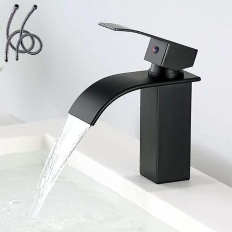Ineasicer Moderner Waschtischarmatur Schwarz Wasserfall, Elegantes Design Badarmatur, Badmischer aus Messing, Warm- und Kaltwasser verfügbar, Wasserfallarmatur Schwarz, Antioxidativ