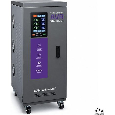 Regulador de voltaje AVR MULTIPROTECTION trifásico Qoltec 15 kVA Precisión ± 3 % Servomotor 3F LCD Línea Expert