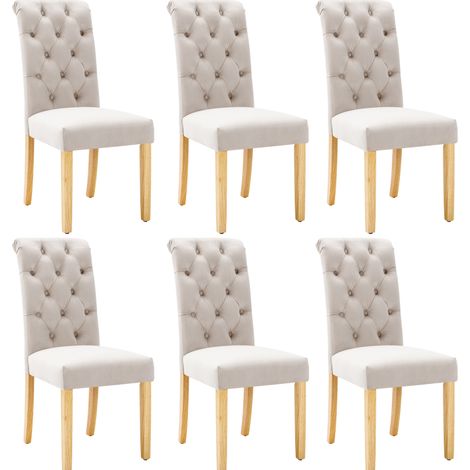 Set di 6 sedie da pranzo imbottite in velluto beige con gambe in rovere (1/5)