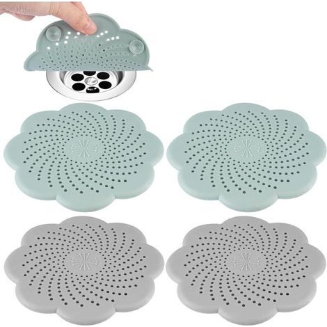 4 Pièces Protection de Drain de Silicone, 2 Gris & 2 Bleus, Filtre à Cheveux en Silicone avec Ventouse, Filtre de Couverture Drain Evier, pour Évier, Cuisine et Douche, Baignoire (15 x (1/4)
