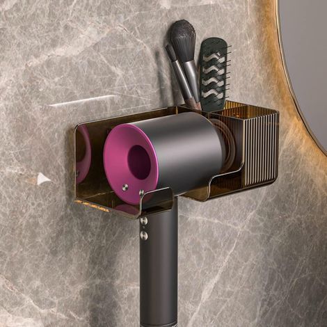 Wandhalterung mit Kammhalter für die meisten Haartrockner, Aufbewahrungsgestell für Dyson Haartrockner (Schwarz) (1/5)