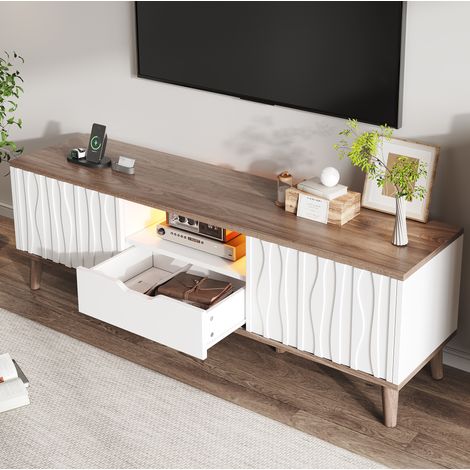 Mueble TV 160x40x52 cm blanco y nogal oscuro en MDF y aglomerado con LED RGB y puertas correderas (1/5)
