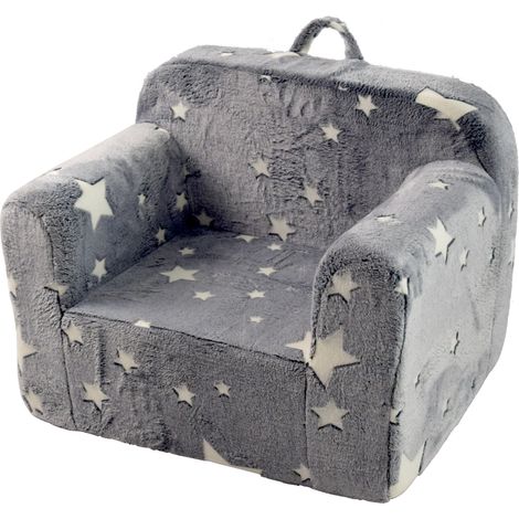 Sofá infantil gris con estrellas, reposabrazos, asa y bolsillos laterales, desenfundable (1/5)