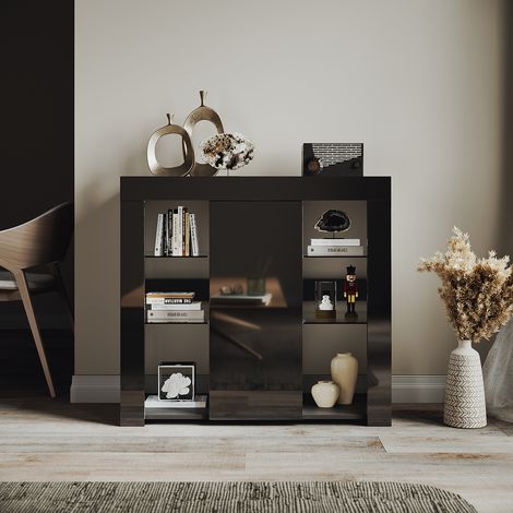 ELEGANT Modern Sideboard Units with 1 Door and LED Light, Open Compartments, Adjustable Tempered Glass Cabinet, Black, 900x350x830mm (1/5)