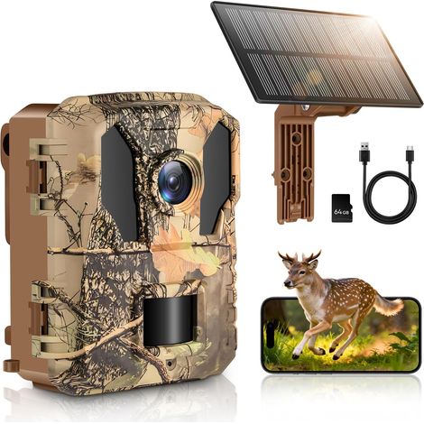 4K 64MP Hunting Camera with WiFi, Solar Power and Night Vision Built-in 5000mAh Battery, Waterproof IP66, Motion Detection 64GB Memory Card Included (1/5)