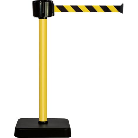 Poteau alu jaune à sangle grande longueur hachurée jaune/noir 12m x 50mm sur socle mobile - 2810005 (1/2)