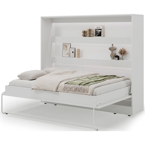Lit escamotable horizontal DIVO avec bibliothèque et éclairage LED – Une solution gain de place-Blanc-160x200 (1/5)