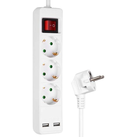 Heitech 3-Wege-Steckdosenleiste mit 2 USB-Anschlüssen geprüfte Mehrfachsteckdose mit Schalter, Kindersicherung, 1,4 Meter Kabel, bis max. 3680 W - Steckdosenleiste Mehrfachstecker-Tischbuchse