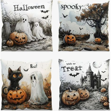 Juego de 4 fundas de cojín de Halloween de 45 x 45 cm, diseño de calabaza, fantasma, gato, murciélago, castillo, truco o trato, de lino, para el hogar, sofá, sala de estar, oficina. (1/5)