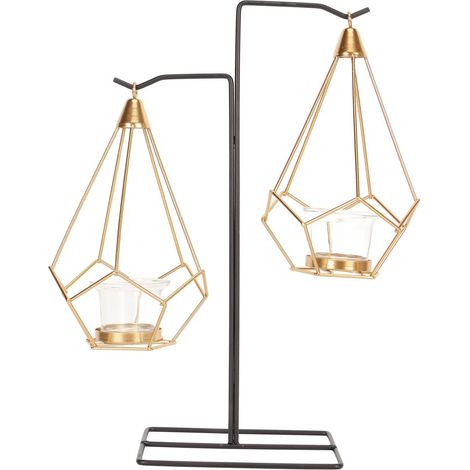 Bougeoir Chauffe-plat Géométrique Doré Avec Double Crochet – Chandelier à Panier Suspendu En Métal Au Design Diamant Pour Décoration De Table Et Centre De Table De Mariage, Pendaison De Crémaillère, V (1/5)