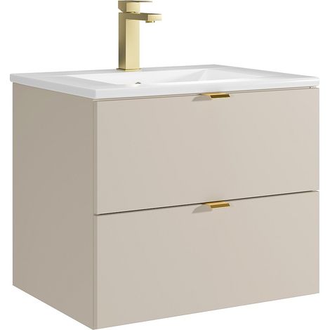 Meuble de salle de bain suspendu avec vasque à encastrer et robinet - Beige - 60 cm - LAVENA