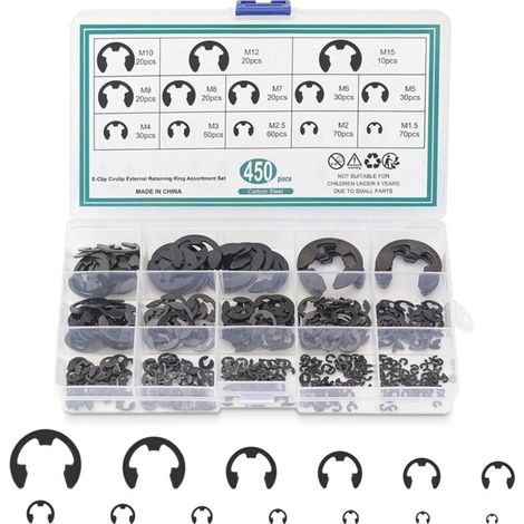 Abrazaderas en E (450 unidades) – Surtido de anillos de retención externos de acero para muelles, 13 tamaños para poleas y engranajes.