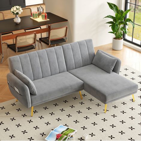 Divano angolare 191.5x130.5x80 cm grigio in velluto con funzione letto e chaise longue reversibile (1/5)
