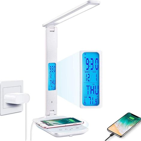 Lampe de bureau LED avec chargeur sans fil, chargement USB, éclairage de bureau, veilleuse, réveil numérique, contrôle de la température – Blanc (1/5)
