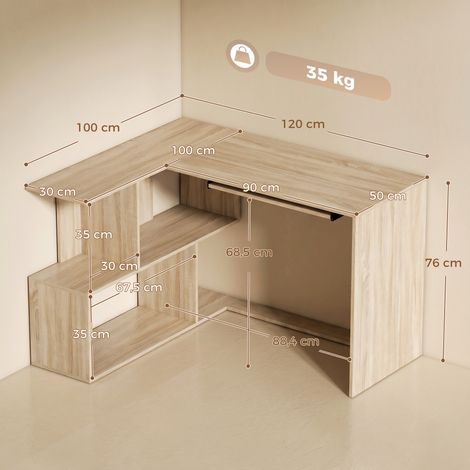 Bureau d'angle en L 120x100x76 cm, poste de travail informatique avec tiroir à clavier, 4 espaces de rangement ouverts, teinte bois naturel (1/4)
