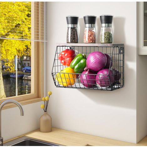 Panier de Fruits et Légumes Mural Empilable, Bac à Fruits Etagère Range Légumes Cuisine, Corbeille Rangement Métal, Noir (1/3)