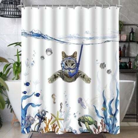 motif chat de natation anti-moisissure, ourlet lesté, imperméable, lavable, en tissu polyester, avec 6 œillets et anneaux de rideau de douche