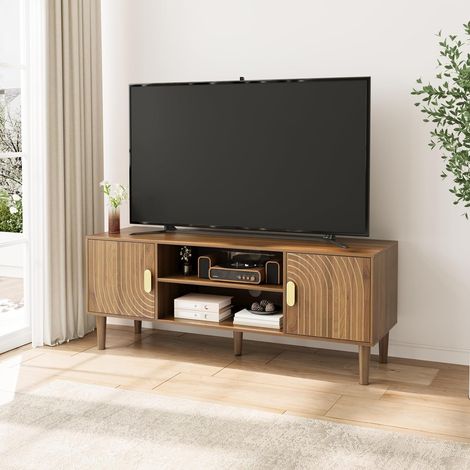 Meuble TV en noyer avec rainure de ligne, console multimédia moderne du milieu du siècle pour téléviseurs jusqu'à 55", meuble TV avec étagère réglable et 2 armoires pour salon (1/5)