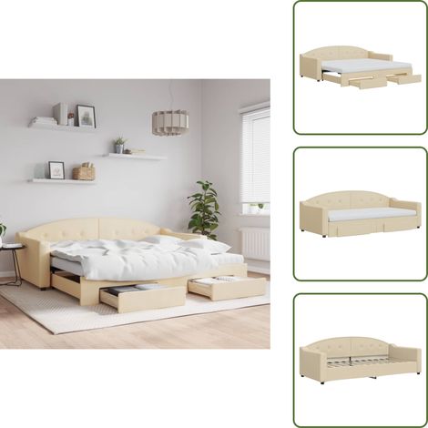 Lit de jour avec gigogne et tiroirs crème 90x200 cm tissu - Canapé Convertible - Lit Gigogne - Meuble Multifonctionnel - Lit D'appoint - Rangements Intégrés