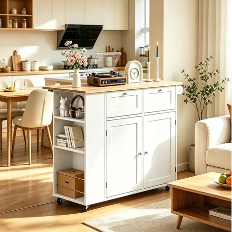 Isola da cucina pieghevole con contenitore, 101 x 62 x 86 cm, bianco e rovere chiaro HAVRYA (1/5)