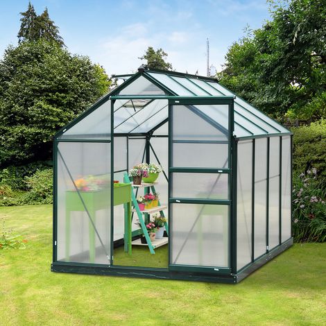 Serre avec fenêtre de toit, porte coulissante, transparente, polycarbonate et aluminium, 190 x 252 x 201 cm (1/5)