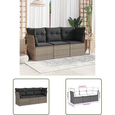 The Living Store Salon de jardin avec coussins 3 pcs gris résine tressée - Ensemble Salon De Jardin - Mobilier De Jardin - Salon Extérieur - Canapé D'extérieur - Chaise Longue (1/3)