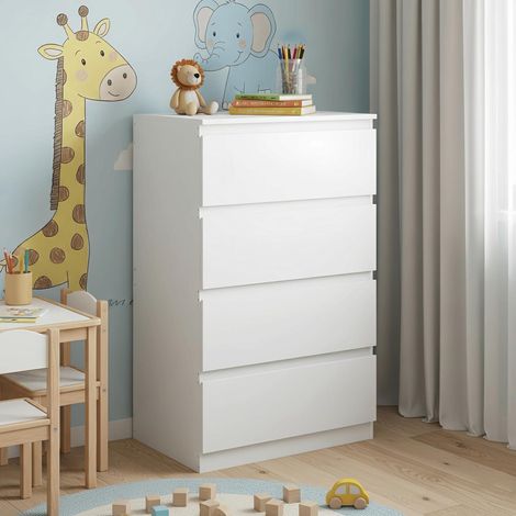 Kommode mit 4 Schubladen, schmal, weiß, MDF, Nachttisch, Beistelltisch