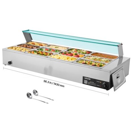 Chauffe-Plat Électrique à Vapeur 1700 W, Buffet Chauffant en Inox, Bain-marie avec 12 Bacs de 1/3, Couvercle en Verre et Louches à Soupe et Perforées, pour Servir Buffet en Libre-Service (1/3)