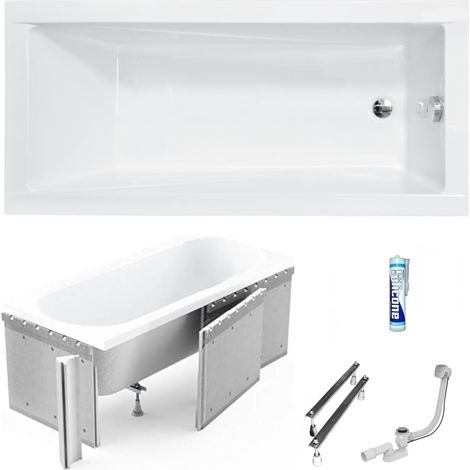 ECOLAM Baignoire rectangle acrylique Modern 120x70 cm  revêtement polystyrène 1.041 pour carrelage  pieds siphon et silicone  petite baignoire  baignoire en acrylique blanc (1/5)