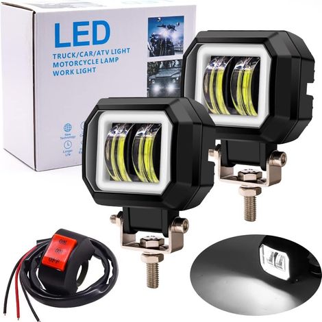 2PCS Feux Additionnels Moto avec Jaune Angel Eye,Carré de 3 Pouces 20W Phare LED Avant 12V/24V Phare de Travail Feux Brouillard de Jour de DRL Avec Interrupteur Moto 22mm (1/5)