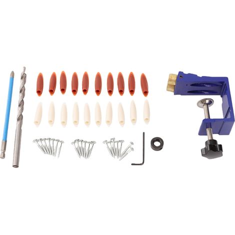 Kit di dima di foratura a scomparsa in lega di alluminio, con guida di foratura ad angolo di 15 gradi, punta da trapano, cacciavite, chiave esagonale e anello di arresto di profondità. (1/5)