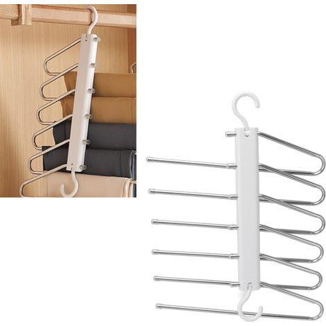Set aus 2 weißen, teleskopierbaren und multifunktionalen Edelstahl-Klappkleiderbügeln mit Haken und mehreren verschiebbaren Ebenen. (1/5)