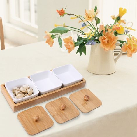 Servierplatte aus Keramik mit Bambusdeckel für Obst, Nüsse und Desserts (3 Fächer) (1/5)