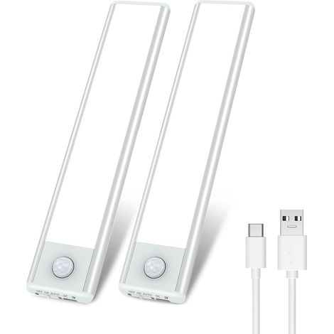 [Lot de 2 Lampes Detecteur de Mouvement Interieur, 20 cm 30 LED Lampe Rechargeable par USB, Lampes LED Sans Fil, Veilleuse Lumiere Automatique Magnétiques pour Placard Escalier Chevet (Blanc) (1/4)