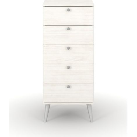 Augusta Curve 5 Drawer Narrow Chest - Pine/Plastic - L39.5 x W45 x H90.3 cm - White/Silver - Flat Packed