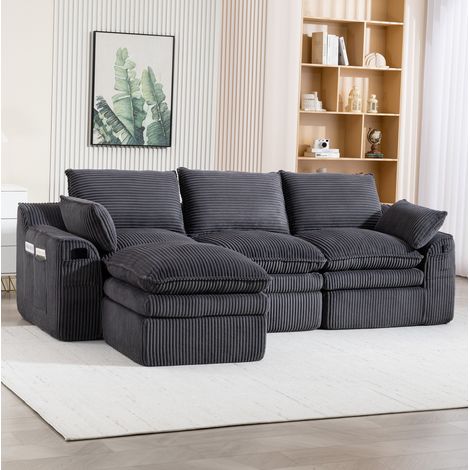 Divano modulare 3 posti in velluto a coste con pouf, 263 x 167 x 85 cm, grigio scuro DESVIAE (1/5)