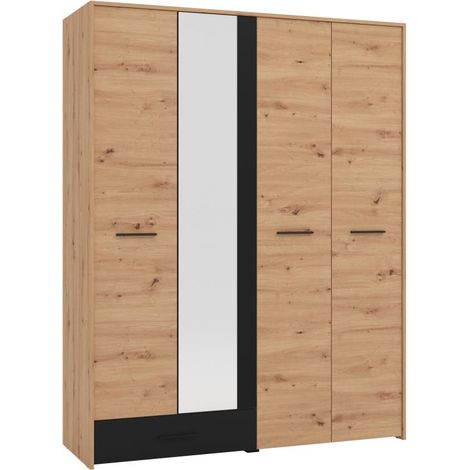 Armadio 4 ante e 1 cassetto - Con specchio - L158 cm - Colore: Naturale e nero - NIPOVA (1/4)