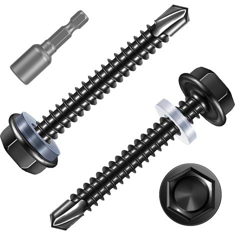 30 Pièces Vis Autoforeuse Metal Noir,M6,3x50mm Vis à Tôle Autotaraudese à Tete Hexagonale avec Rondelle et Autoperceuse Autoperforante Inox 410 avec 1 Bits pour Aluminium Bois Plastique. (1/5)