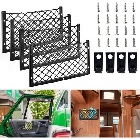 Lot de 4 filets à bagages 36 x 18 cm. filet de rangement pour voiture avec crochets et vis. filet de coffre universel pour camping-car. bateau. maison. SUV.