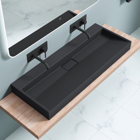 doporro® lavabo sobre encimera antracita mate 120x46x11cm Colossum19 lavabo en mármol fundido sin agujero para grifo incl. juego de desagüe