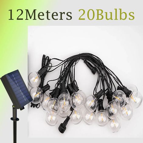Guirlande lumineuse LED (12 mètres, 20 ampoules) - Ampoules globe G40 de 21 mètres - Décoration extérieure étanche pour jardin, terrasse ou patio - Alimentation solaire - Éclairage de mariage (1/5)