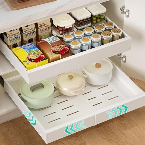 Tiroir Télescopique (1 Pièce), Tiroir De Cuisine Extensible Avec Adhésif, Largeur Réglable De 32 À 52 Cm, Organisateur De Placard De Cuisine, Tiroirs En Acier Au Carbone Pour Cuisine, Garde-Manger, Sa (1/5)