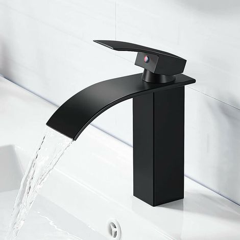 Réduction Mitigeur de lavabo--Robinet de Salle de Bain Robinet Cascade Mono-trou Mitigeur sur Lavabo Robinetterie Lave-mains avec Levier Unique -noir (1/5)