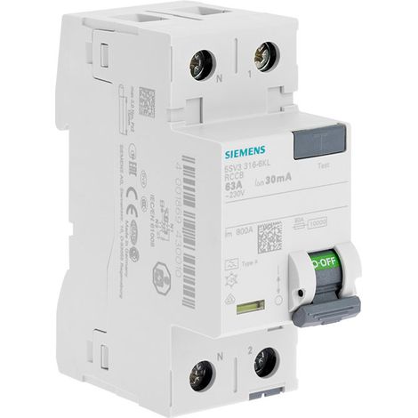 Siemens – Interrupteur différentiel 30 mA 63 A Type A – Protection contre électrocution – Détection défauts AC et DC – Connexion à vis – Conforme EN 61008-1